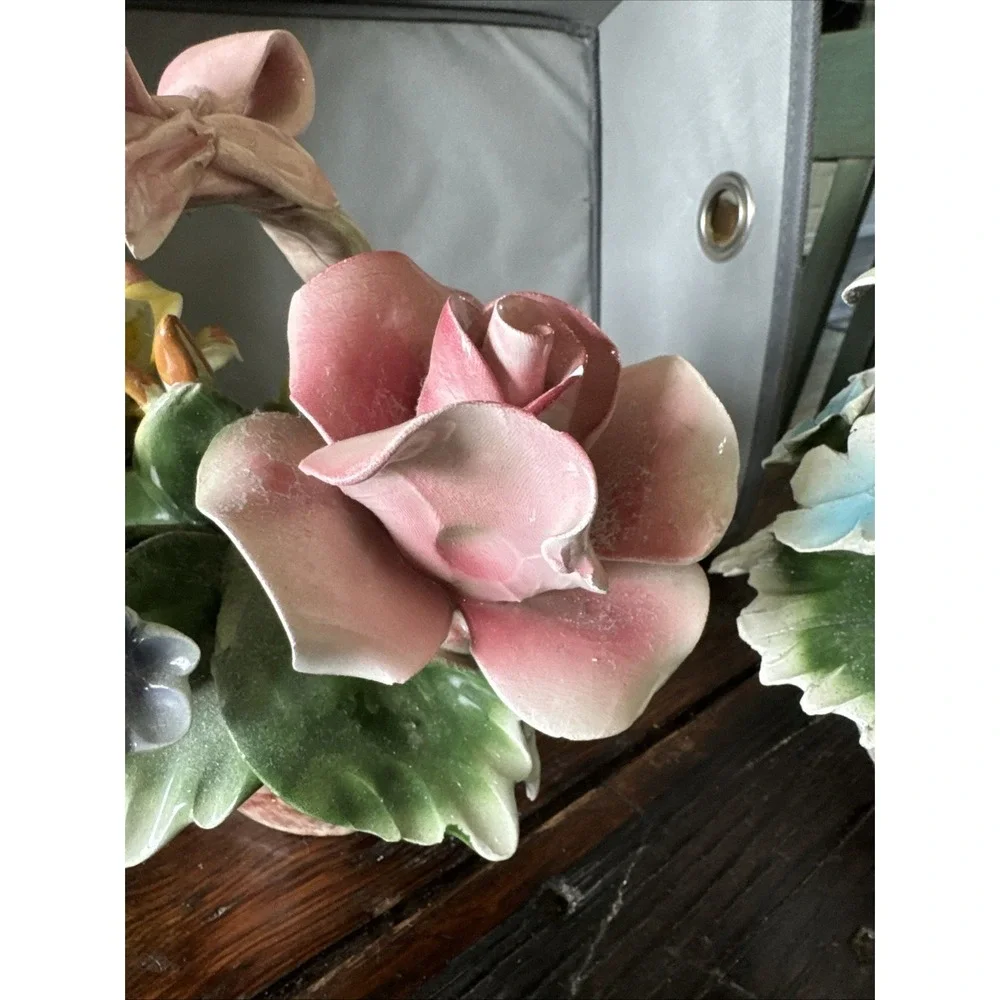 Vintage 1980s Capodimonte Italian‎ Porcelain Flower Basket Pink Yellow